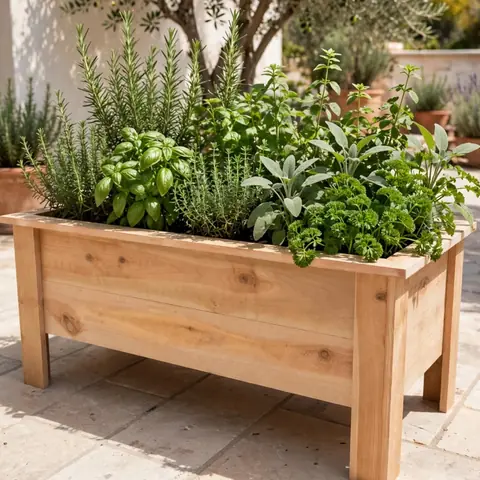 Rectangular cedar planter with herbs on a sunny patio