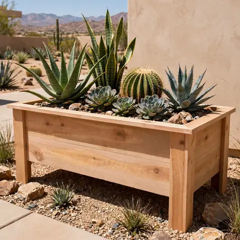 Rectangular cedar planter with succulents and cactus