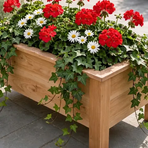 Rectangular cedar planter with red geraniums and ivy