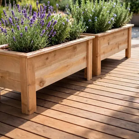 Two rectangular cedar planters with lavender and rosemary on a deck