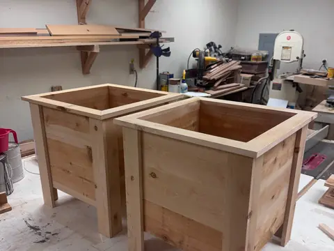 Two square cedar planters finished in the Silva Woodworks workshop