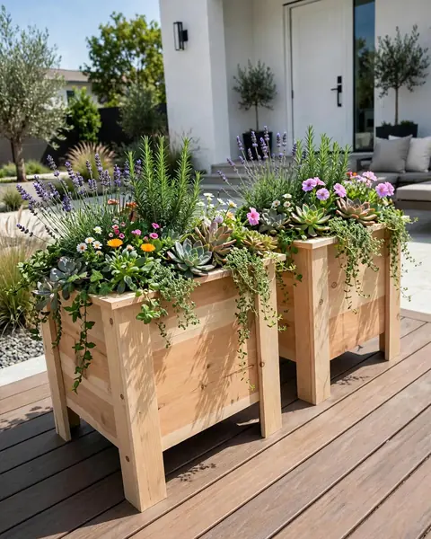 Two square cedar planters with flowers and succulents on a deck
