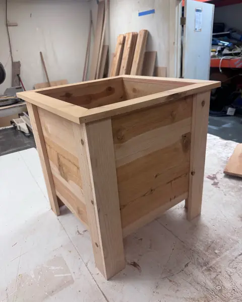 Square cedar planter, side view