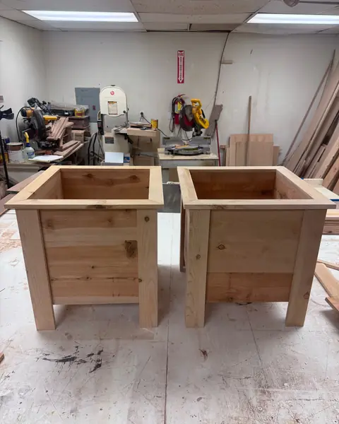 Pair of square cedar planters, front view