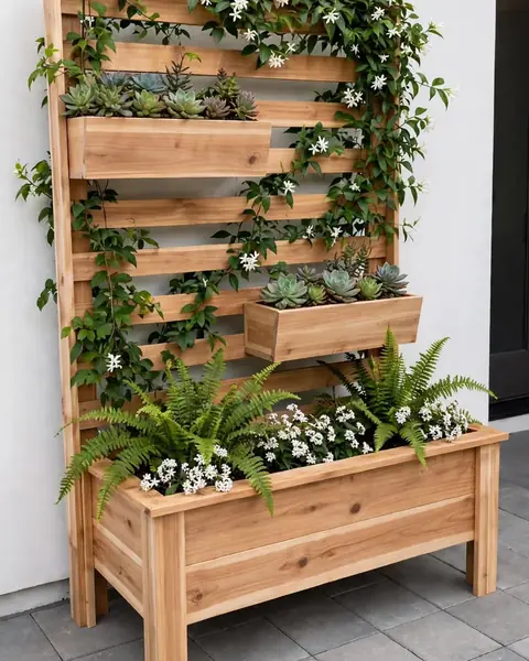 Cedar vertical garden planter with trellis, planted with flowers and vines