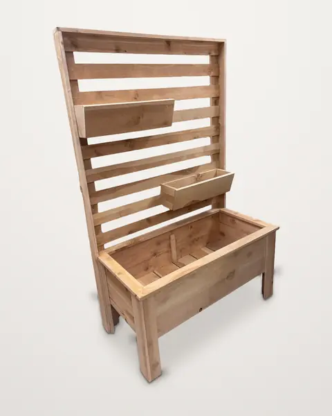 Cedar trellis planter with two hanging boxes, photo on a plain background