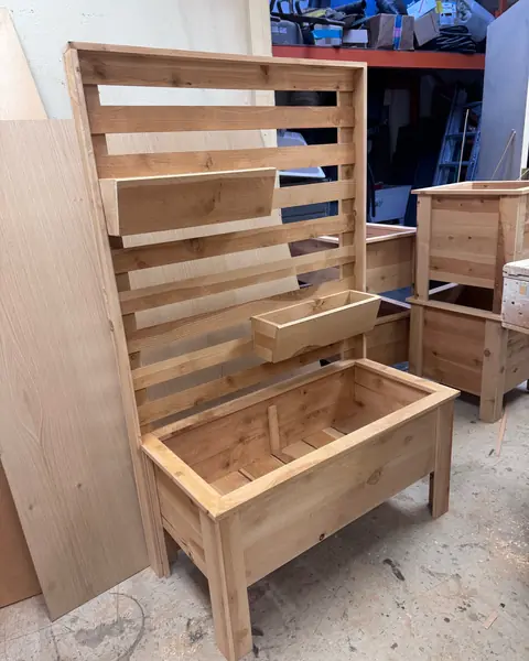 Cedar trellis planter, angled view in the workshop