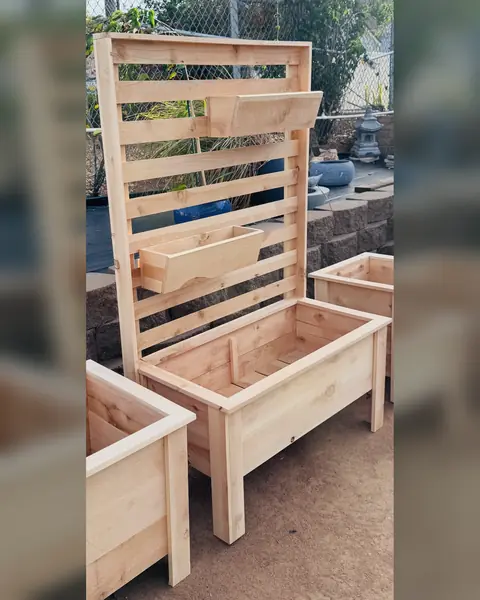 Cedar trellis planter delivered in a back yard