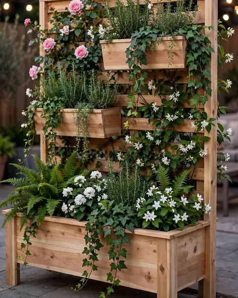 Trellis planter with roses, ferns and hanging plants on a patio
