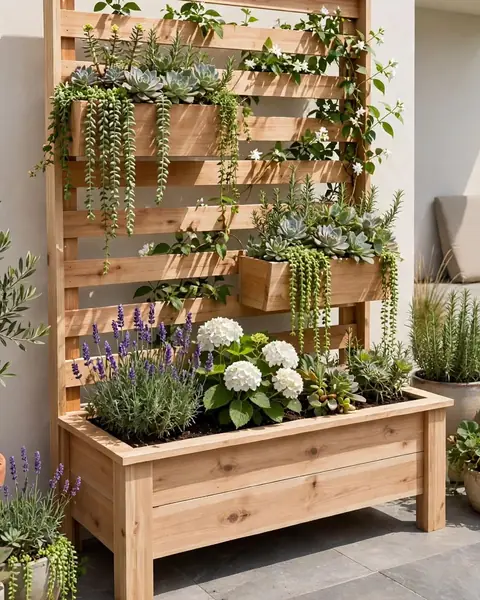 Trellis planter with succulents and flowers next to a house