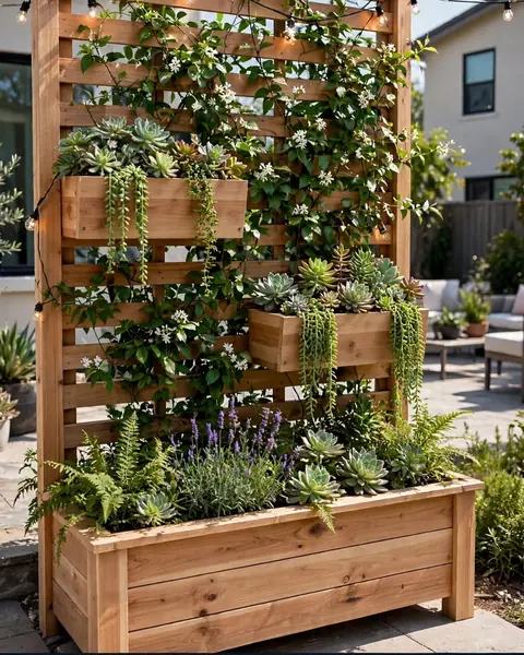 Trellis planter with greenery on a patio with string lights